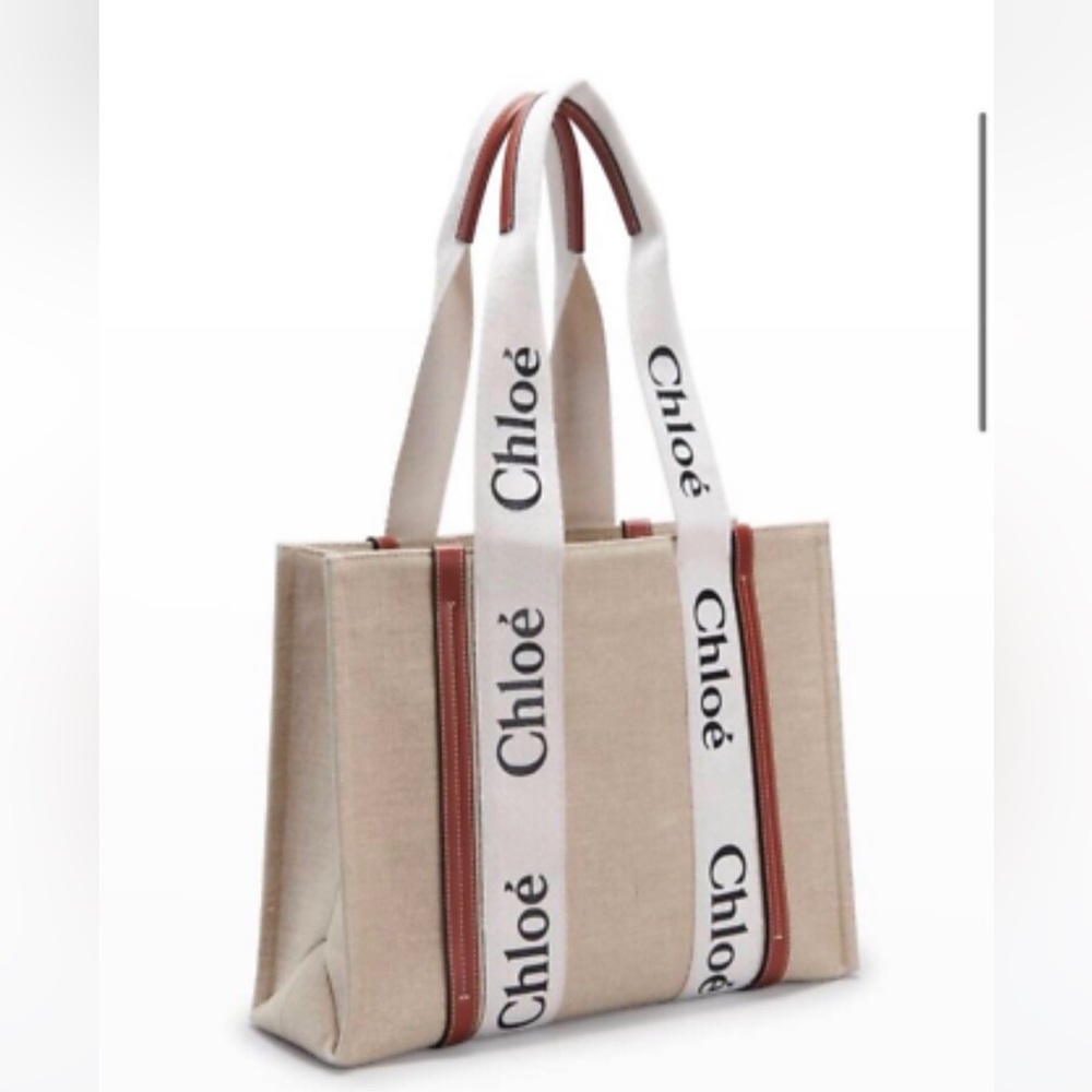 CHLOÉ Medium Woody Ribbon Tote. White canvas and Brown leather.